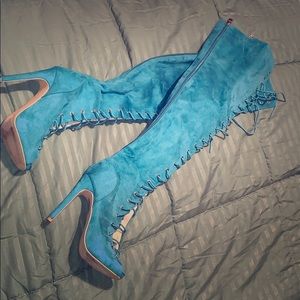 Teal Tie Up Knee High Boots